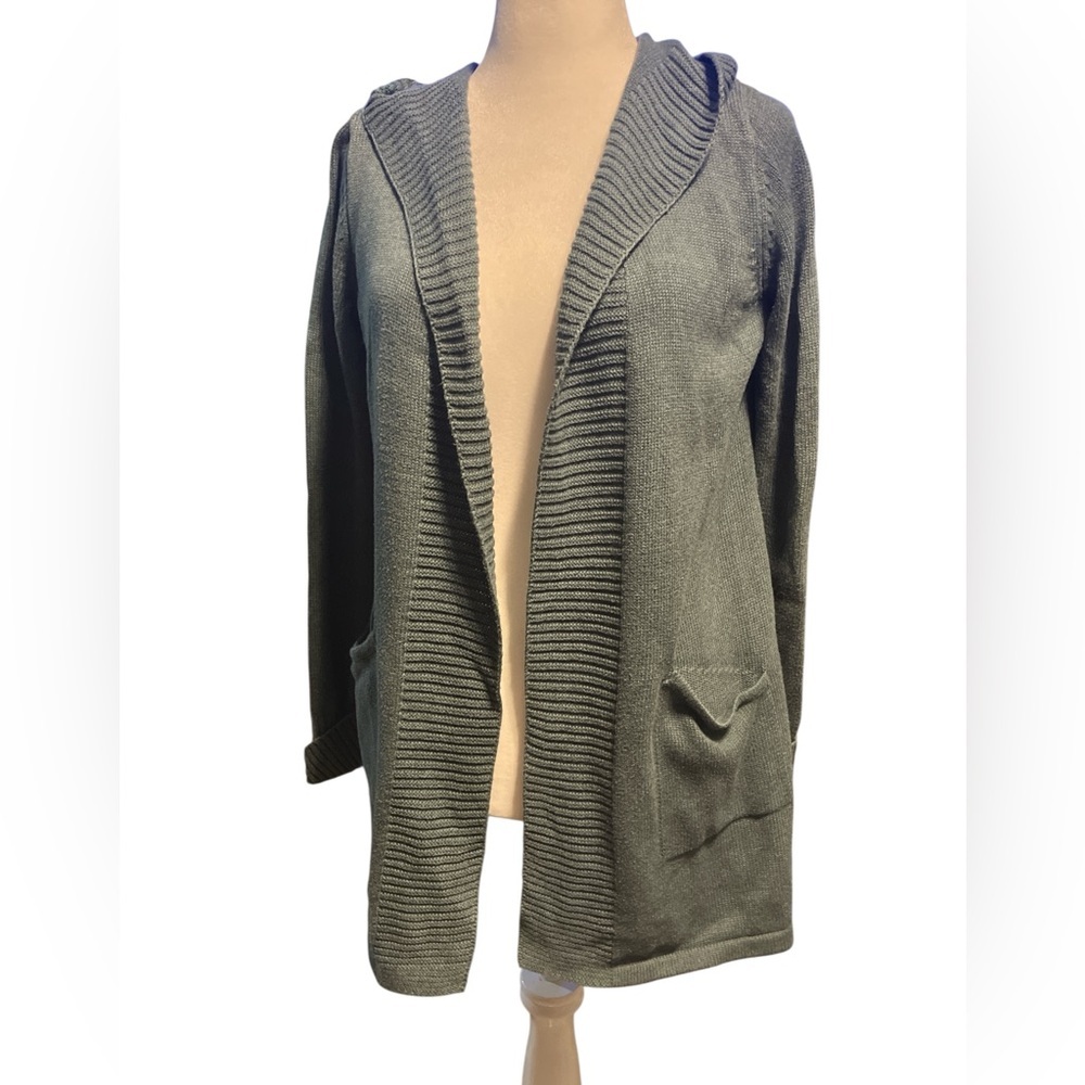 Tahari Charcoal Open-Front Longline Hooded Cardigan Size M